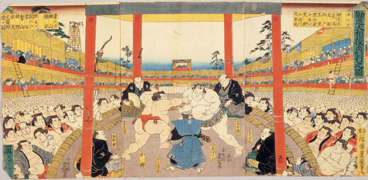 An illustration of an 1846 sumo tournament by Utagawa Kunisada. Chunichi.co.jp/Wikimedia Commons